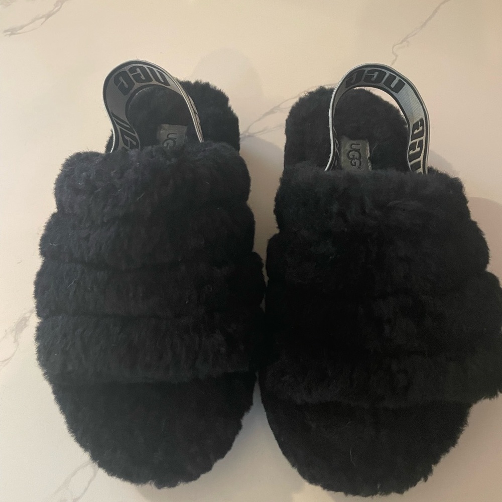 UGG Black Fluffy Open-Toe Slide